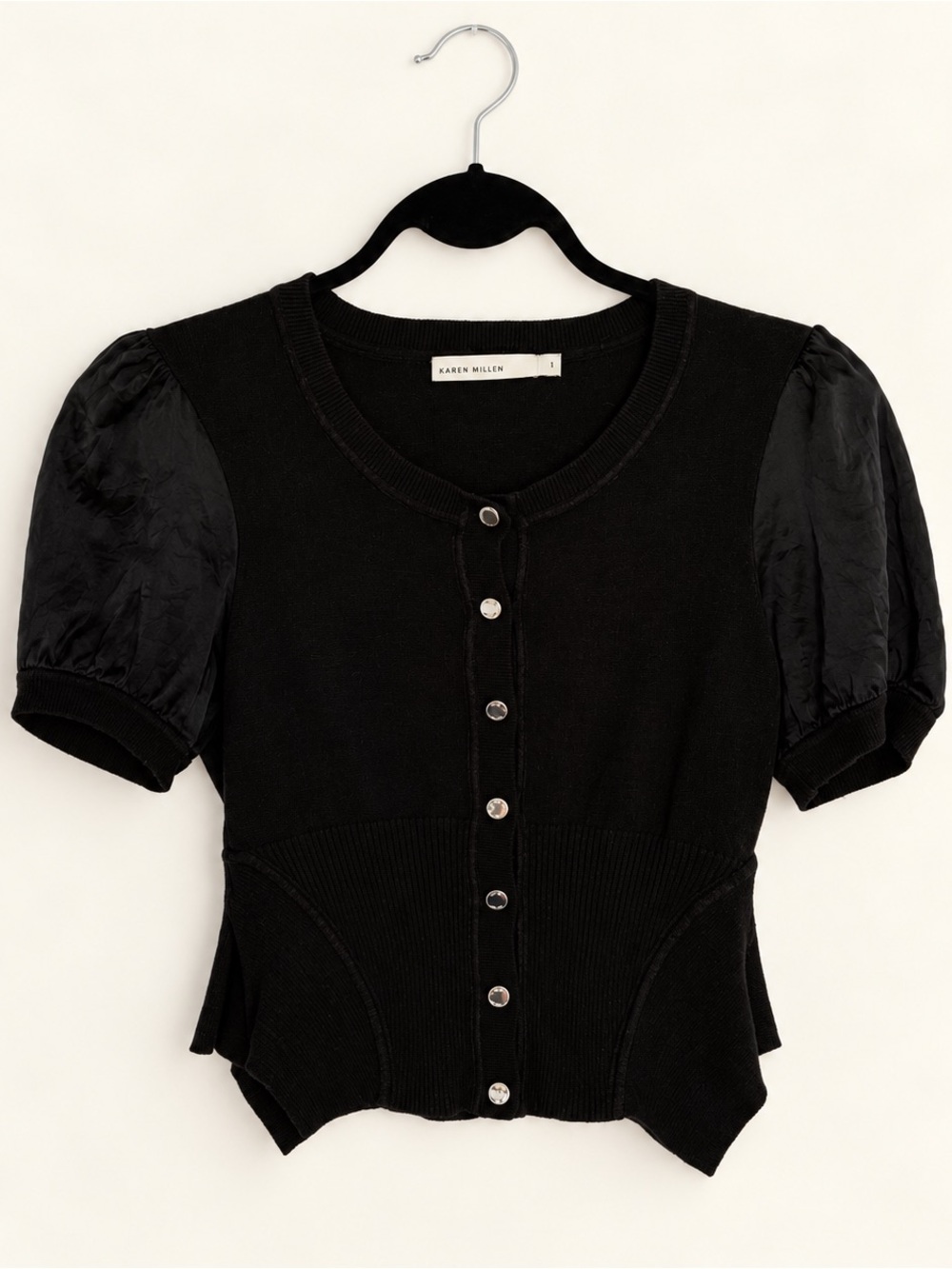 Karen Millen Black Puff-Sleeve Buttoned Knit Top